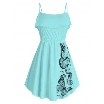 Plus Size Butterfly Print Ruffled Tank Top, Coral blue