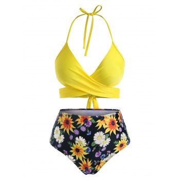 

Plus Size Floral Print Crisscross Wrap Bikini Swimwear, Corn yellow