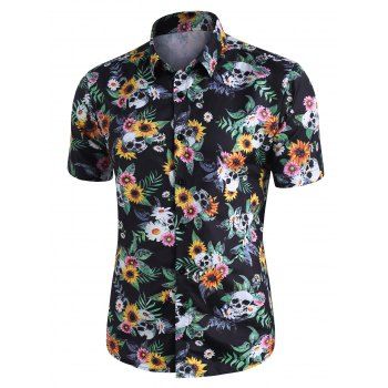 Skull Ditsy Floral Button Up Casual Shirt