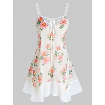 

Plus Size Chiffon Flower Print Lace Up Tunic Tank Top, Warm white