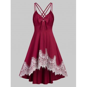 

Lace Insert Knotted Strappy High Low Dress, Red