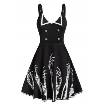 

Gothic Contrast Hand Skeleton Print Mock Button Cami A Line Dress, Black