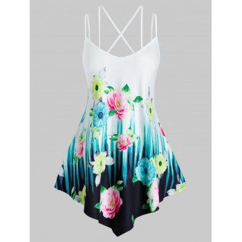 

Plus Size Flower Print Dual Cross Strap Tunic Cami Tank Top, White