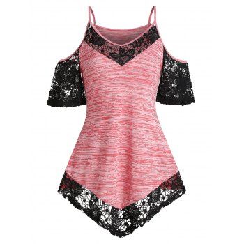 

Space Dye Print Lace Insert Cold Shoulder T-shirt, Black