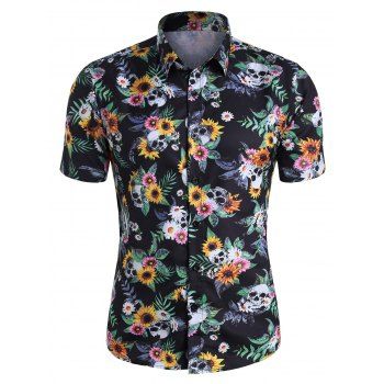 

Skull Ditsy Floral Button Up Casual Shirt, Multicolor