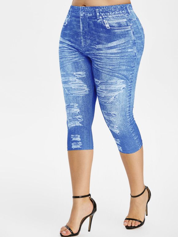 Legging Court 3D Jean Imprimé de Grande Taille - Bleu Cobalt 5X