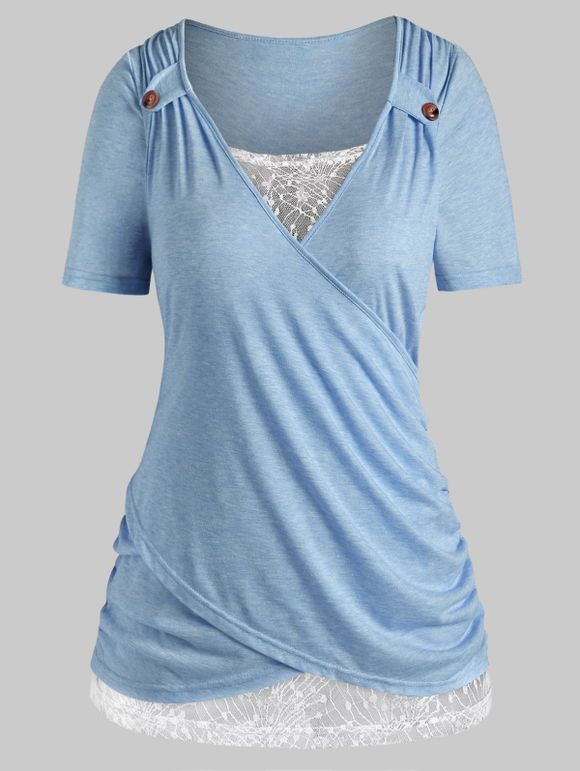 T-shirt Croisé en Dentelle Insérée de Grande Taille - Bleu clair 5X