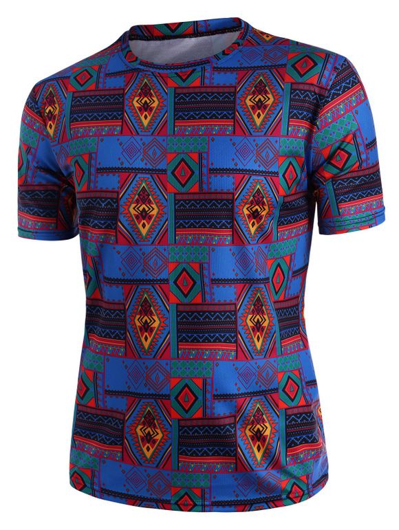 T-shirt Ethnique Losange Imprimé à Col Rond - multicolor XL