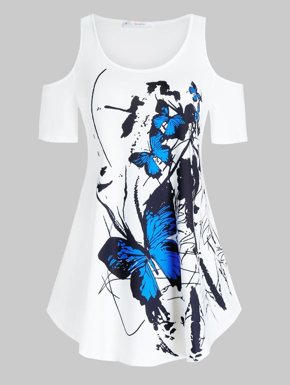 T-Shirt Tunique à Épaule Dénudée Papillon Imprimé Grande-Taille - Blanc 4X