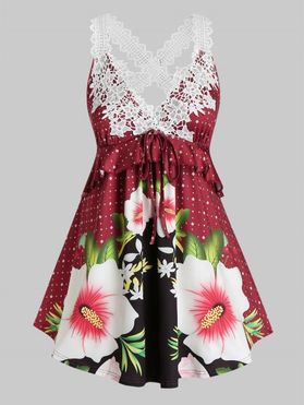 Plus Size Lace Crochet Floral Print Crisscross Tank Top