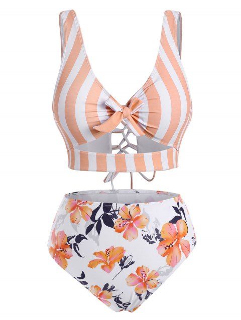 Vacation Tankini Swimwear Striped Floral Print Swimsuit Bowknot Lace-up Crisscross Cut Out Beach Bathing Suit