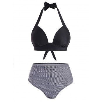 

Halter Push Up Stripes Ruched Bikini Swimsuit, Black