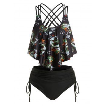

Plus Size Oriental Dragon Print Cross Back Cinched Tie Tankini Swimwear, Black