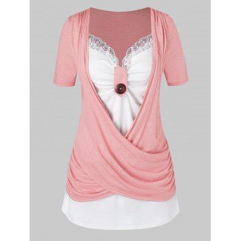 

Plus Size Crossover Knotted Colorblock T Shirt, Light pink