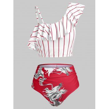 

Plus Size Ruffled Striped Dragon Print Chinese Style Tankini Swimwear, Red