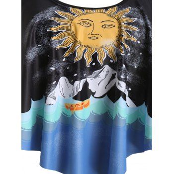 

Plus Size Wave and Sun Print Asymmetric Ruched Tankini Swimwear, Rubber ducky yellow