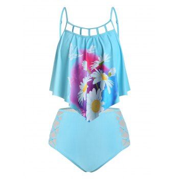 

Plus Size Daisy Print Lattice Cut Crisscross Tankini Swimwear, Deep sky blue