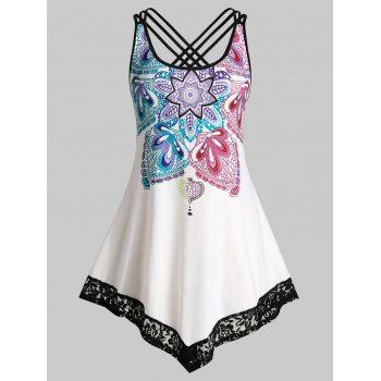 

Plus Size Lace Panel Cross Back Printed Tank Top, White