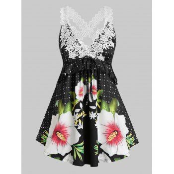 

Plus Size Lace Crochet Floral Print Crisscross Tank Top, Black