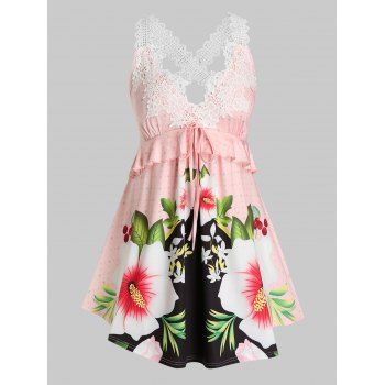 

Plus Size Lace Crochet Floral Print Crisscross Tank Top, Pink