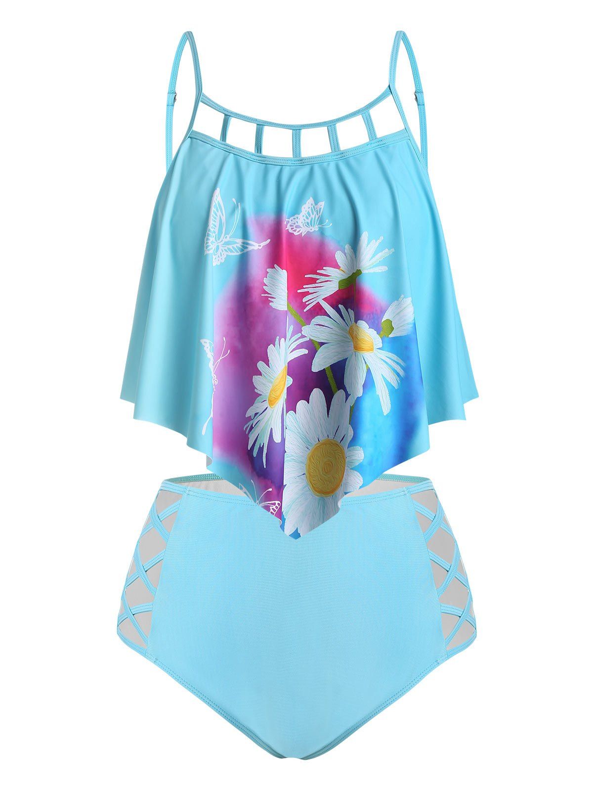 Plus Size Daisy Print Lattice Cut Crisscross Tankini Swimwear - DEEP SKY BLUE 5X