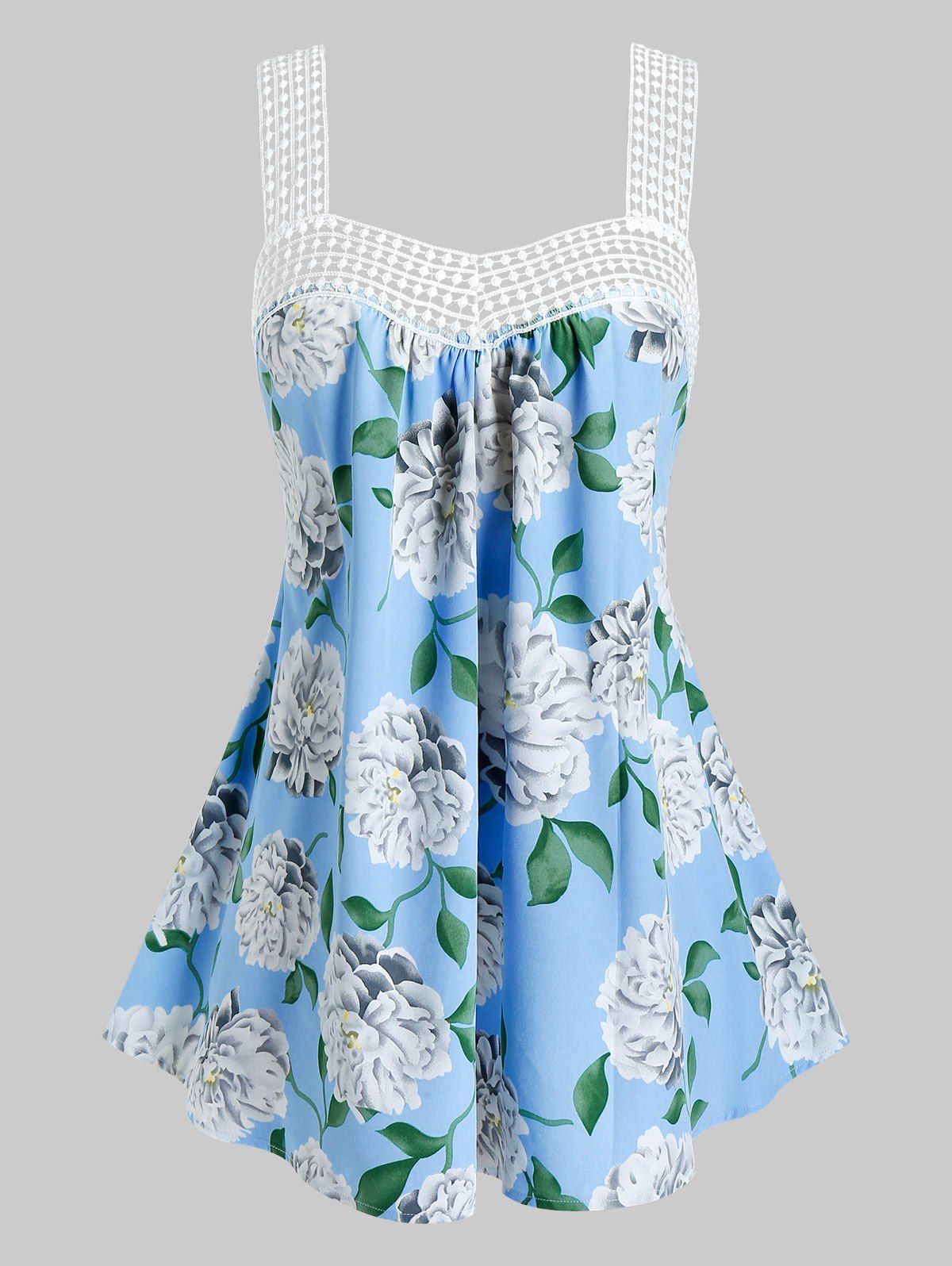 

Plus Size Flower Print Backless Crochet Strap Tank Top, Sky blue