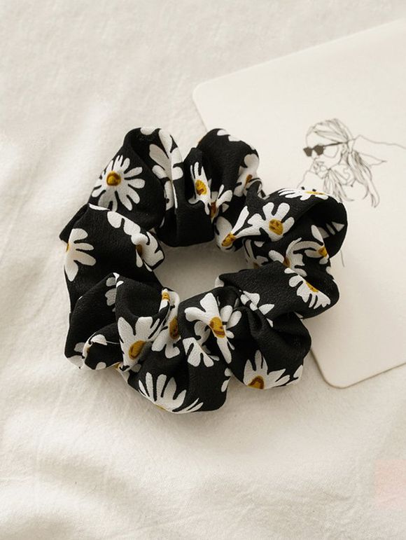 Chouchou Elastique Rétro Fleur Marguerite Imprimée en Tissu - Noir 