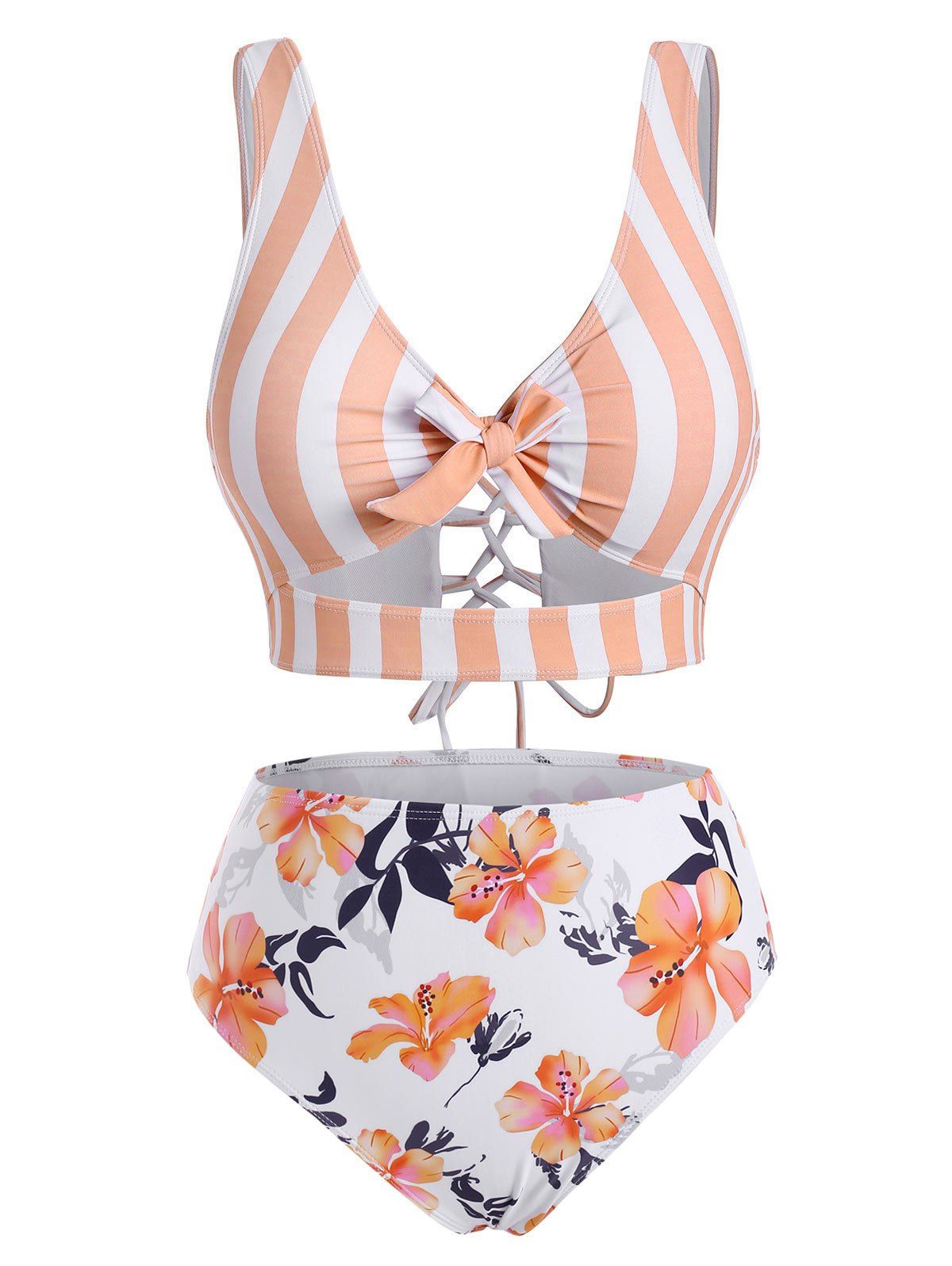 Vacation Tankini Swimwear Striped Floral Print Swimsuit Bowknot Lace-up Crisscross Cut Out Beach Bathing Suit - LIGHT SALMON 2XL