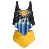 Plus Size Wave and Sun Print Asymmetric Ruched Tankini Swimwear - RUBBER DUCKY YELLOW 5X