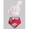 Maillot de Bain Tankini Dragon Imprimé Rayé de Grande Taille à Volants - Rouge 4X