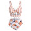 Vacation Tankini Swimwear Striped Floral Print Swimsuit Bowknot Lace-up Crisscross Cut Out Beach Bathing Suit - BLUE S