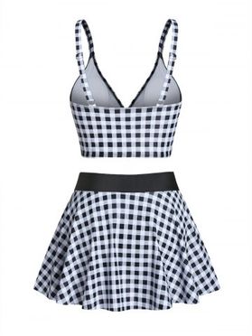 Checked Padded High Waist Skirted Tankini Swimwear