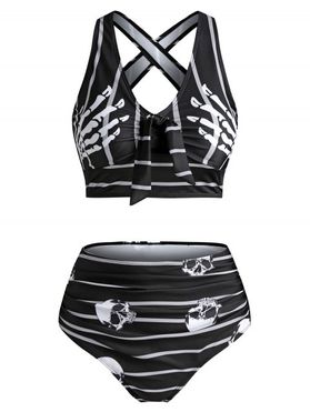 Skull Striped Print Cut Out Padded Tankini Set