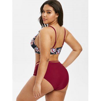 

Plus Size Flower Hollow Out High Rise Bikini Swimwear, Red wine