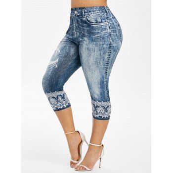 

Plus Size Ethnic 3D Print Cropped Jeggings, Blue koi
