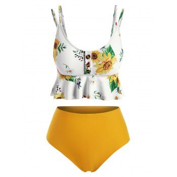 Tummy Control Tankini Swimwear Vacation Swimsuit Sunflower Print Ruffle High Rise Beach Bathing Suit