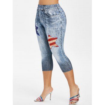 

Plus Size American Flag 3D Destroyed Jean Print Cropped Jeggings, Blue gray