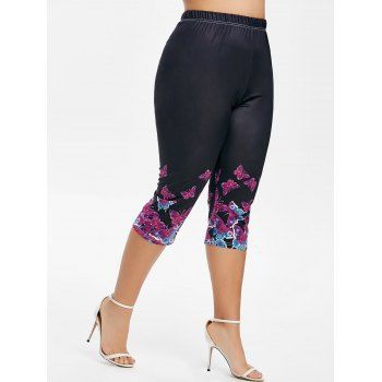 

Plus Size Butterfly Print High Waisted Capri Leggings, Black