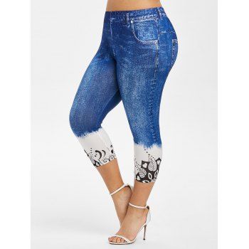 

Plus Size 3D Jean Print Cropped Jeggings, Denim dark blue