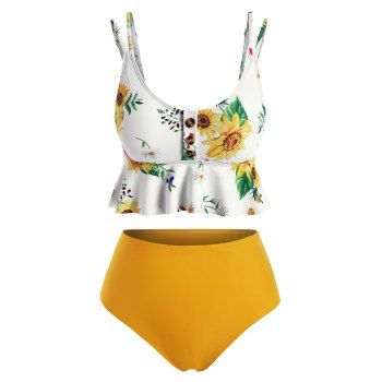 

Tummy Control Tankini Swimwear Vacation Swimsuit Sunflower Print Ruffle High Rise Beach Bathing Suit, Bright yellow