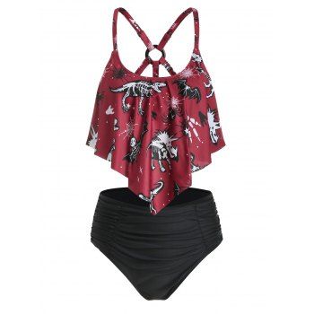 

Tummy Control Tankini Swimwear Dinosaur Skeleton Print Strappy Ruched Cut Out Summer Beach Swimsuit, Deep red