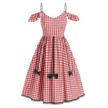 

Gingham Print Bow Detail Open Shoulder Dress, Red