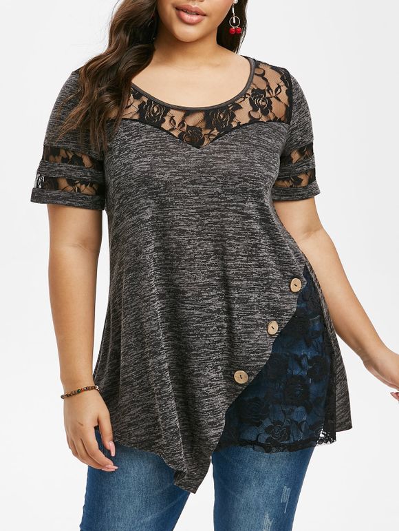 T-shirt en Dentelle Insérée Teinté de Grande Taille - Gris Ardoise Foncé 5X