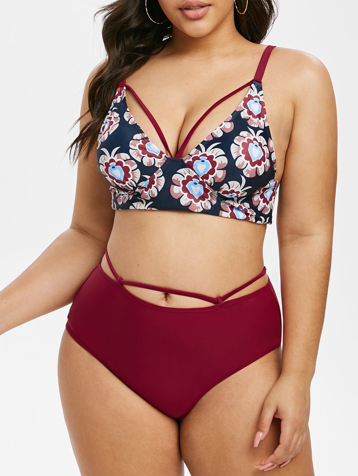 Plus Size Flower Hollow Out High Rise Bikini Swimwear - RED WINE 5X