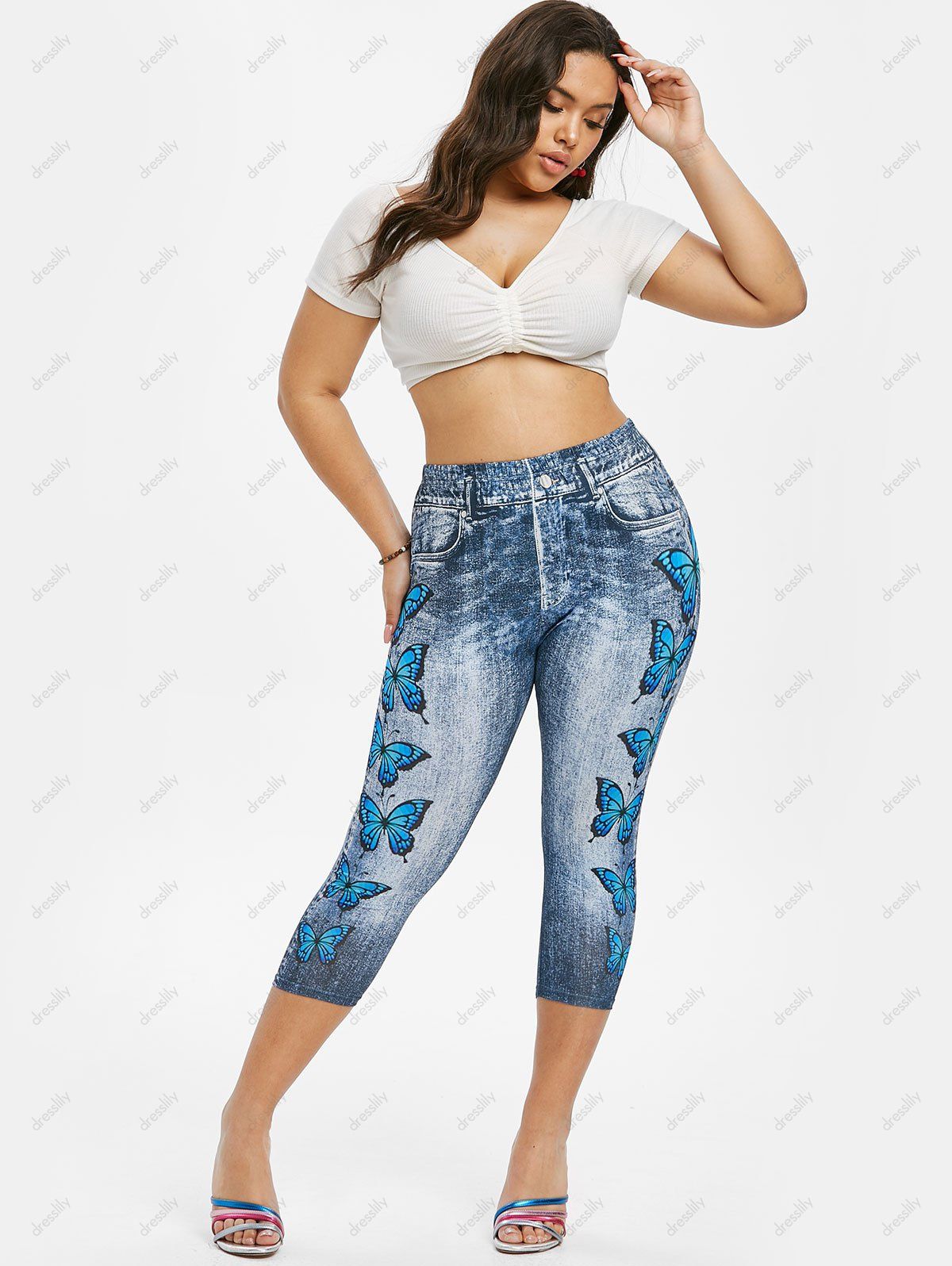 [29 OFF] 2021 Plus Size 3D Jean Print Butterfly Cropped Jeggings In