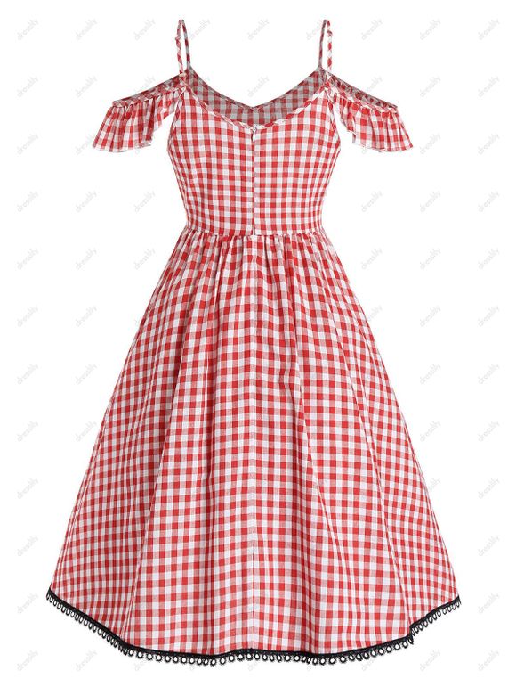 Robe Nouée Imprimée à Epaule Dénudée en Vichy - Rouge L