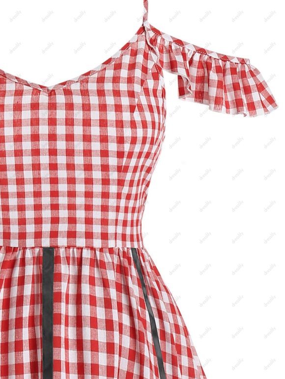 Robe Nouée Imprimée à Epaule Dénudée en Vichy - Rouge L