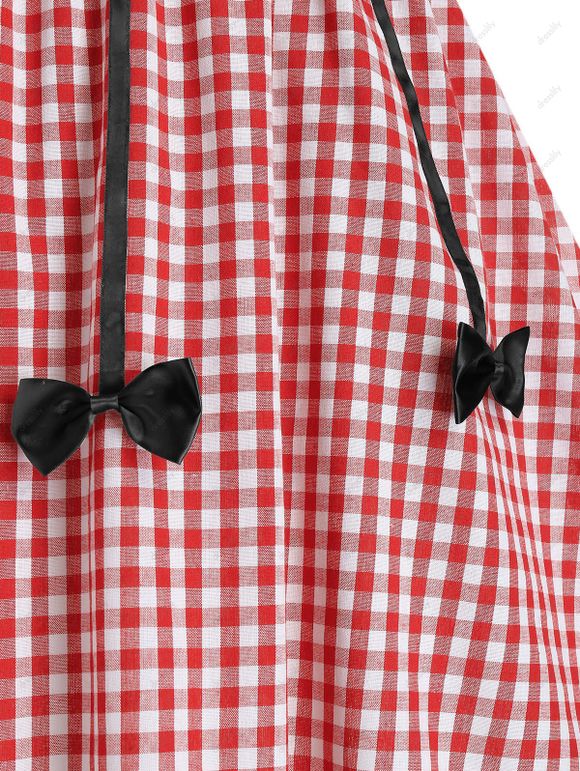 Robe Nouée Imprimée à Epaule Dénudée en Vichy - Rouge L