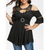 T-shirt au Crochet en Dentelle Epaule Ouverte à Manches de Cloche Grande Taille - Noir 4X
