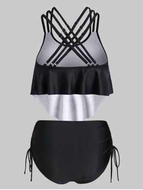 Ethnic 3D Lace Print Flounce Strappy Cinched Tankini Swimwear